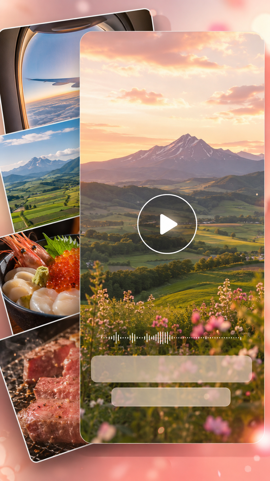 飛行機、北海道の絶景、海鮮、肉料理の写真から作られた再生可能な旅の動画